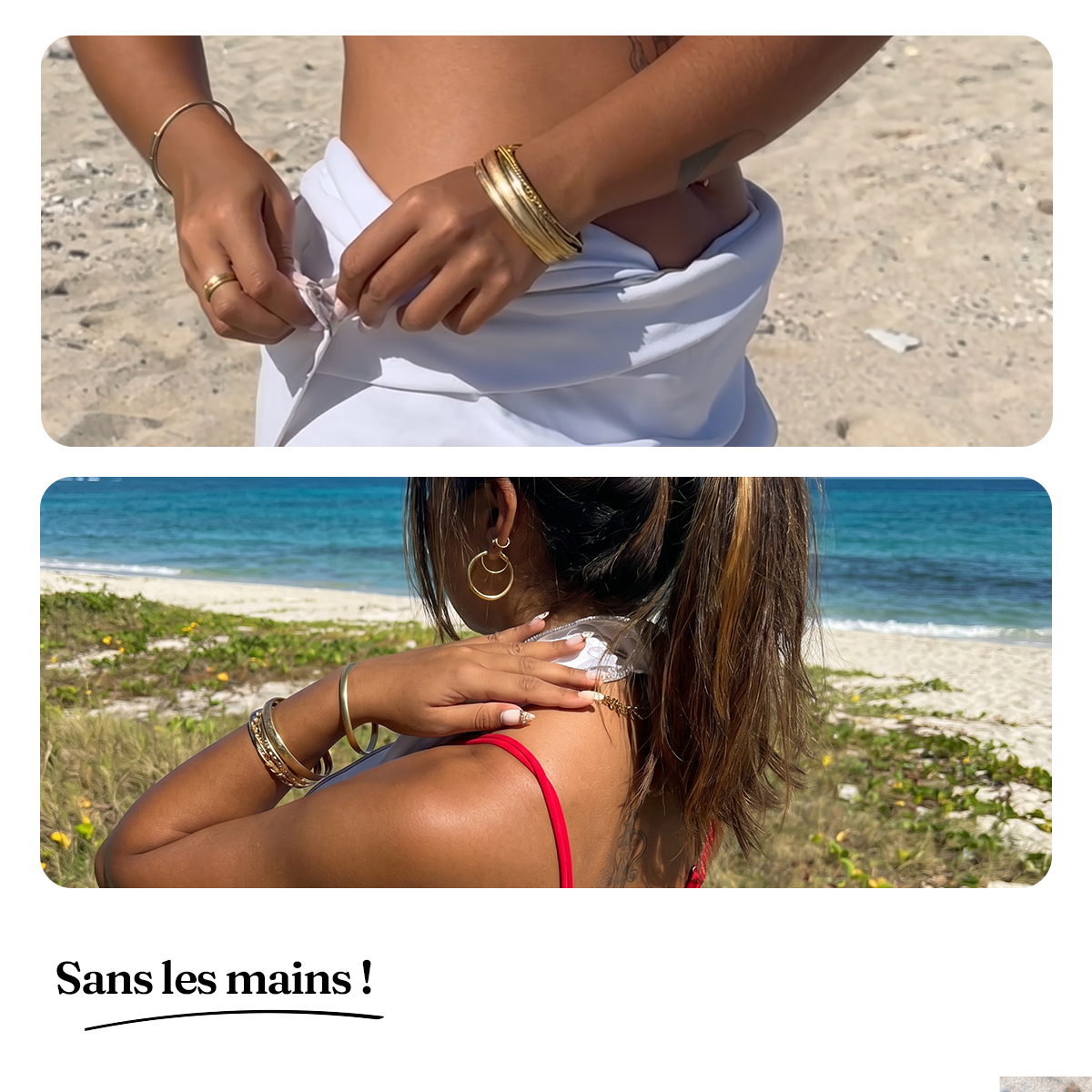 Photo en diptique d'une serviette aimantée attachée autour du coup et de la taille montrant sa texture microfibre douce et légére - Aimants puissants inoxidables