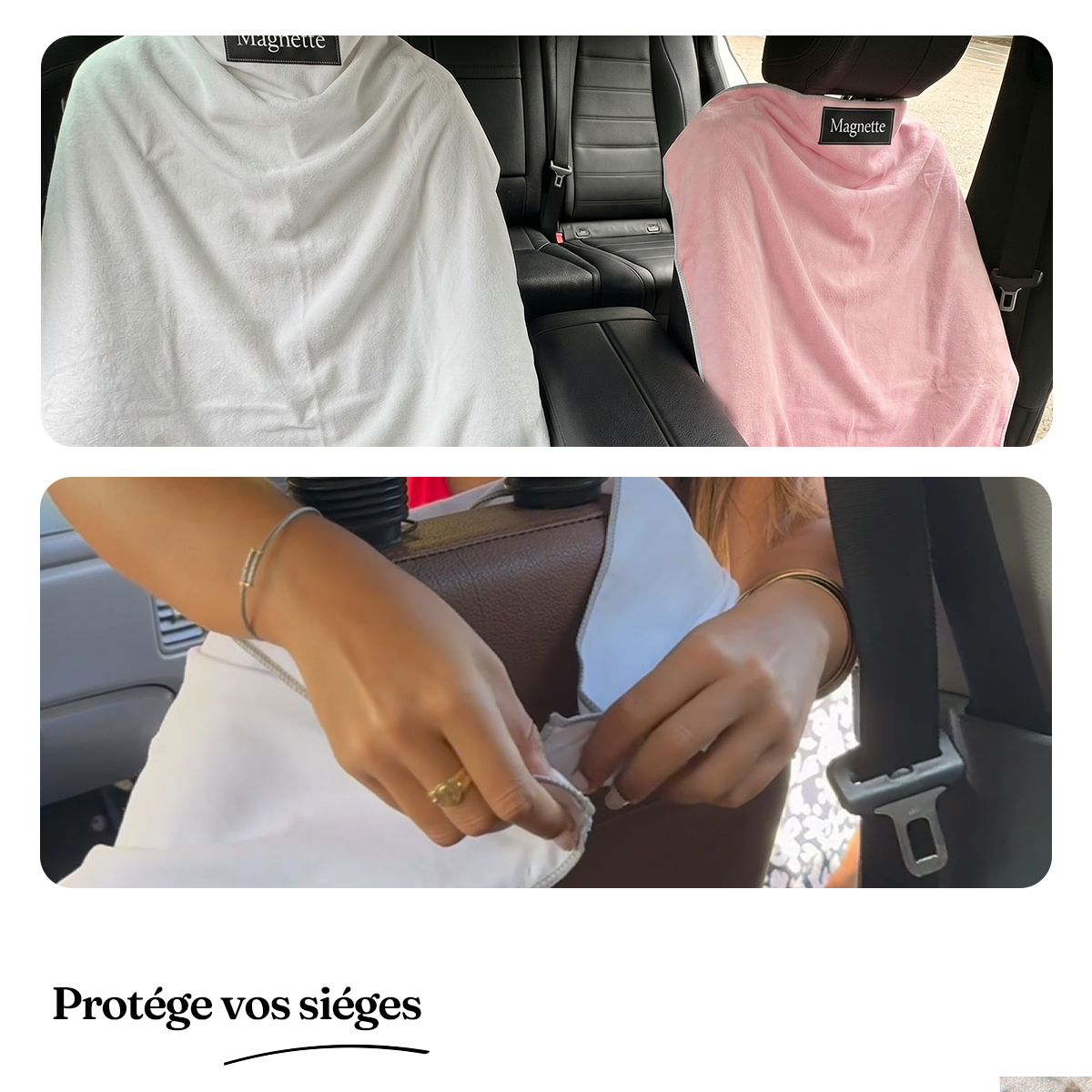 Serviettes aimantées magnette rose et blanche accrochées autour des appui-tête de la voiture - Aimants puissants et anti sable
